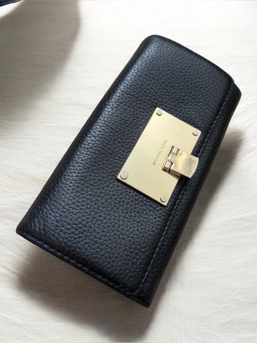 Michael Kors Black Pebbled Leather Wallet with Gold Plate Lock